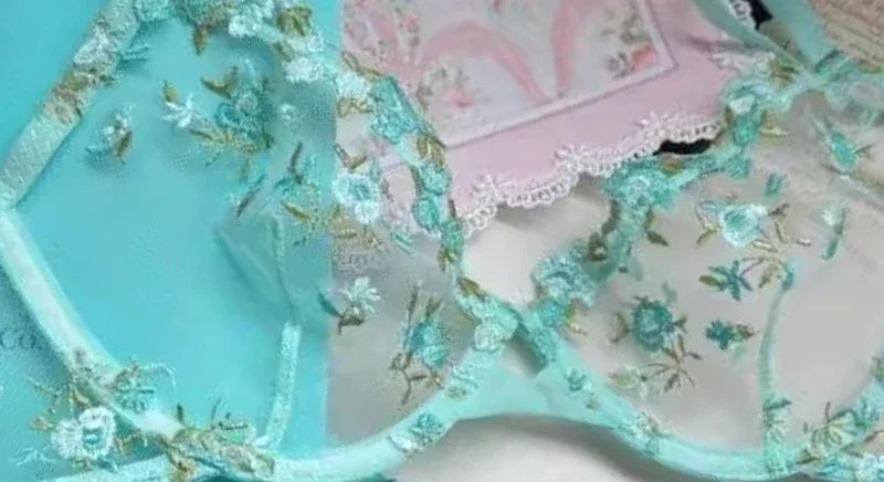 Sheer Black Mesh Lingerie Set with Delicate Blue Floral Embroidery and Underwire Support
