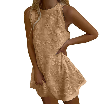 Textured Floral Lace A Line Mini Dress with Sleeveless Summer Silhouette