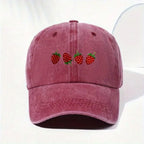 Vintage Washed Baseball Cap Embroidered Fruit Detail Curved Brim Casual Streetwear Hat