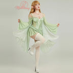 Women's Fairy-Inspired Ruffle Bodysuit with Flowing Chiffon Sleeves, Necklace and Matching Stockings