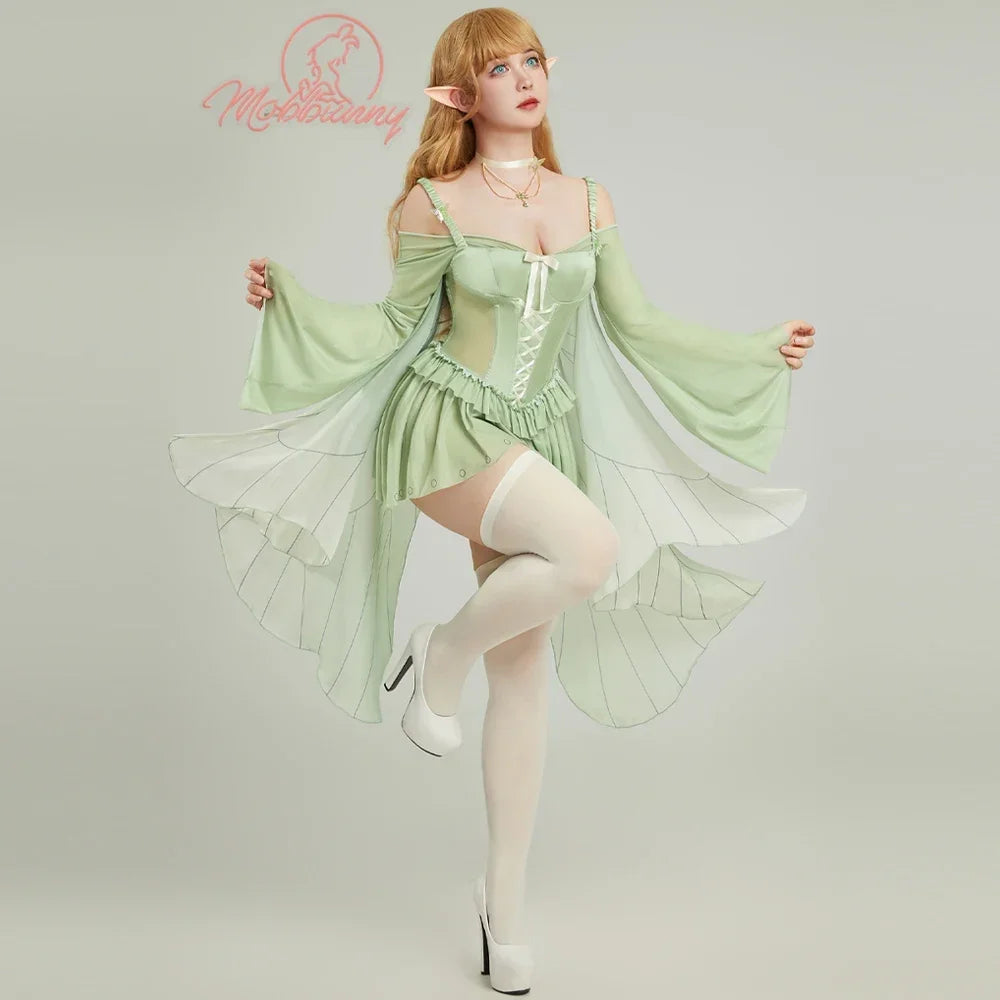 Women's Fairy-Inspired Ruffle Bodysuit with Flowing Chiffon Sleeves, Necklace and Matching Stockings
