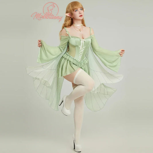 Women's Fairy-Inspired Ruffle Bodysuit with Flowing Chiffon Sleeves, Necklace and Matching Stockings