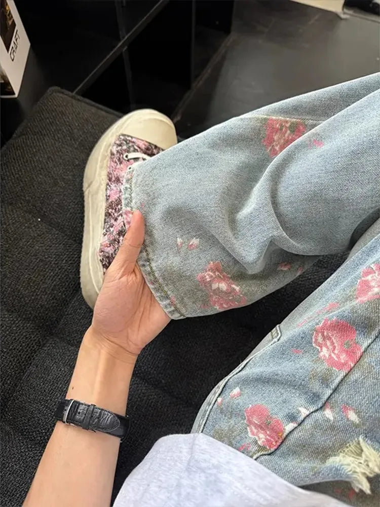 Vintage Washed Distressed Wide Leg Straight Jeans with Floral Detail Relaxed Streetwear Style