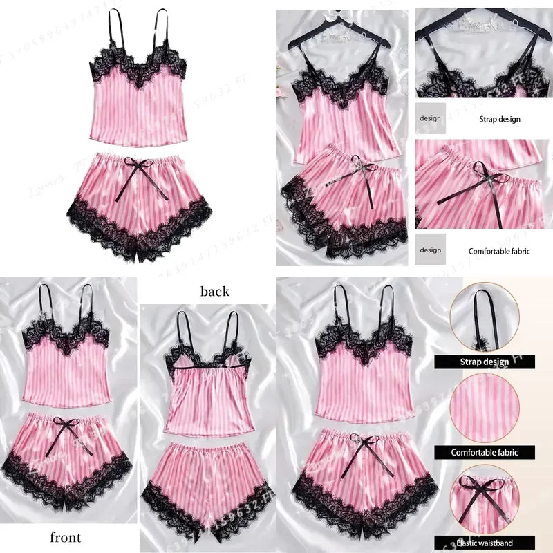 Pink Satin-Stripe Pajama Set with Lace-Trim Camisole Top, Matching Shorts and Delicate Spaghetti Straps