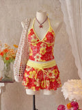 Light Blue Floral Halter Tankini Set with Tiered Ruffle Skirt