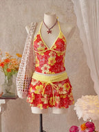 Light Blue Floral Halter Tankini Set with Tiered Ruffle Skirt