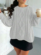 Women's Cable Knit Crew Neck Sweater with Relaxed Long Sleeve Silhouette