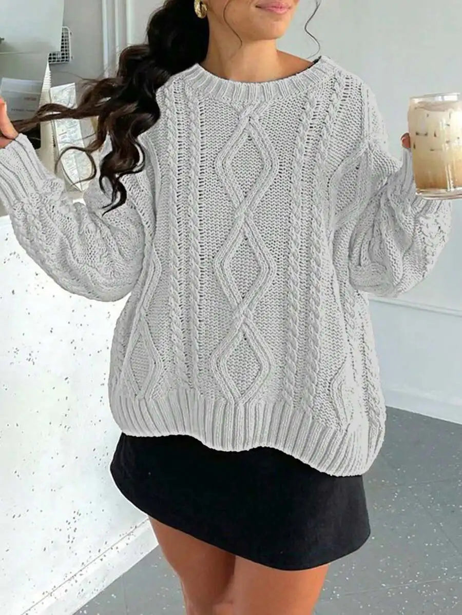 Women's Cable Knit Crew Neck Sweater with Relaxed Long Sleeve Silhouette