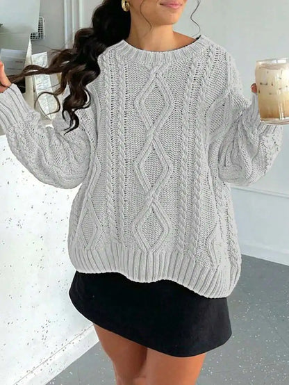 Women's Cable Knit Crew Neck Sweater with Relaxed Long Sleeve Silhouette