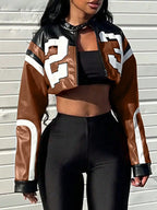 Cropped Faux Leather Varsity Style Zip Jacket with Statement Streetwear Design