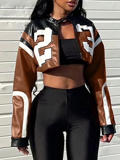 Cropped Faux Leather Varsity Style Zip Jacket with Statement Streetwear Design
