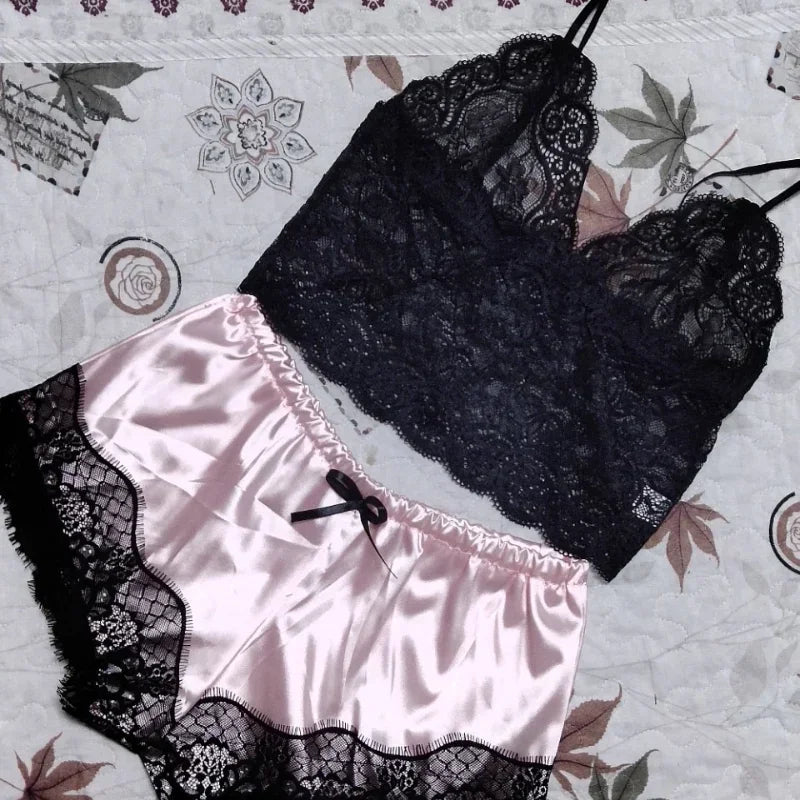 Women's Lace-Trim Silk-Look Crop Top and Shorts Pajama Set, Sleeveless Two-Piece Loungewear with Feminine Nightwear Styling