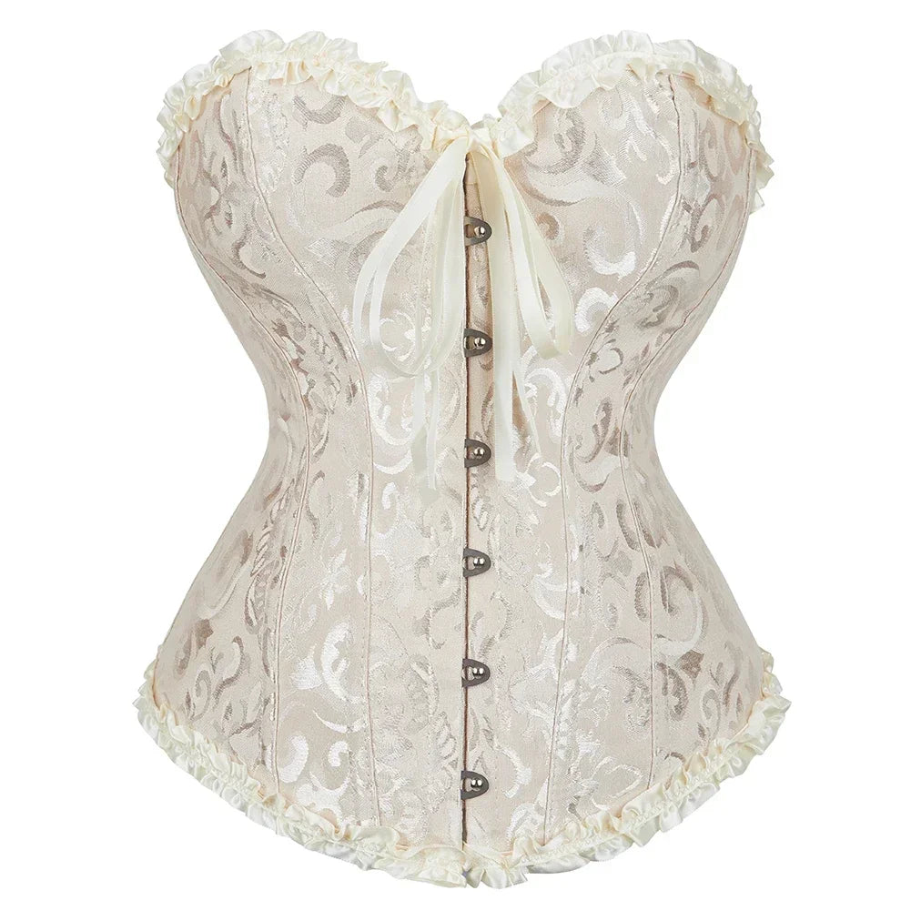 Vintage Floral Jacquard Corset Top with Sweetheart Neckline and Lace-Up Detail