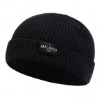Minimalist Ribbed Polyester Knit Beanie with Woven Patch for Casual Streetwear Everyday Style