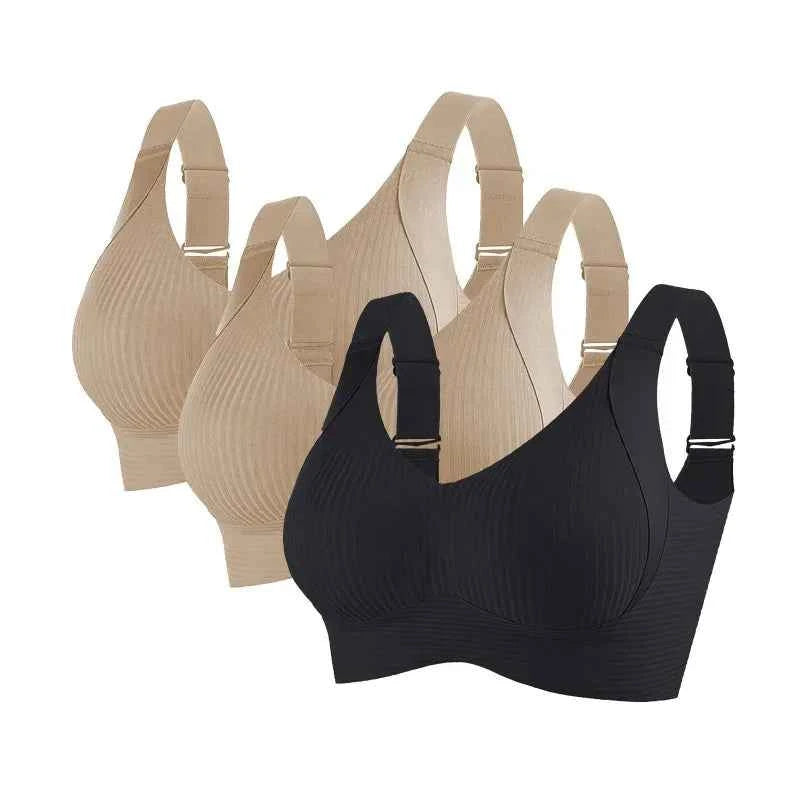 3-Piece Wireless Push-Up Bra Set with Ribbed Texture, V-Neck Design and Adjustable Straps