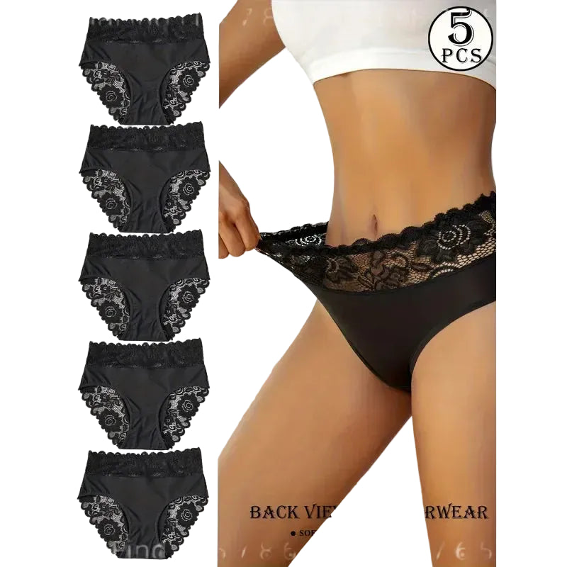 5-Piece Women’s High-Waisted Lace Briefs Set with Floral Detailing, Delicate Trim and Classic Full-Coverage Silhouette