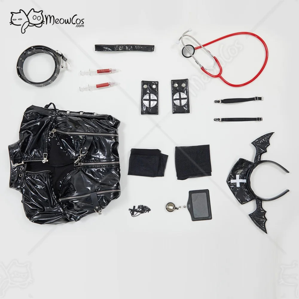 Women's High Gloss Faux Leather Uniform Inspired Mini Dress With Hardware And Matching Accessories
