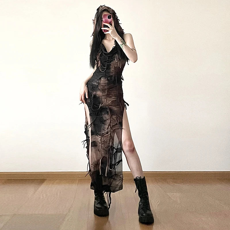 Sheer Gothic Maxi Dress with Elegant Alternative Grunge Aesthetic