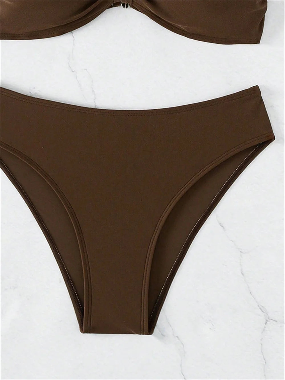 Solid Espresso Brown Halter Bandeau Bikini with Twisted Center Detail