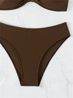 Solid Espresso Brown Halter Bandeau Bikini with Twisted Center Detail