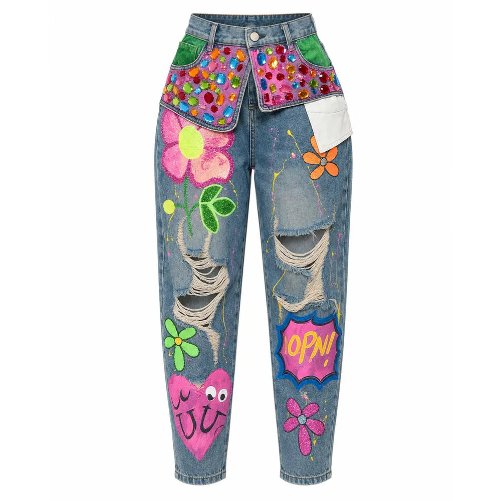Women's Mid-Rise Distressed Wide-Leg Denim Jeans with Decorative Patchwork Streetwear Style