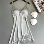 Elegant Smooth Knit Slip Dress with Lace Neckline and Removable Padding