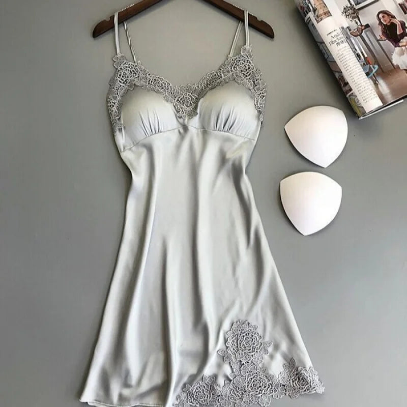 Elegant Smooth Knit Slip Dress with Lace Neckline and Removable Padding
