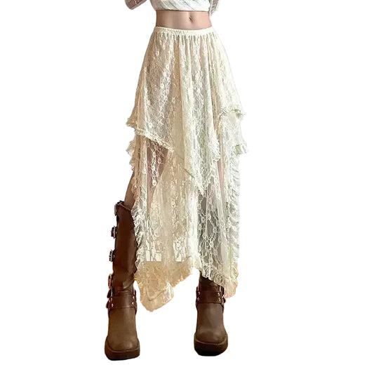 High Waist Lace Asymmetrical Midi Skirt with Layered Fairy Aesthetic