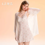 Sweet Patterned Camisole Sleep Dress with Lace Trim and Ruffled Hem