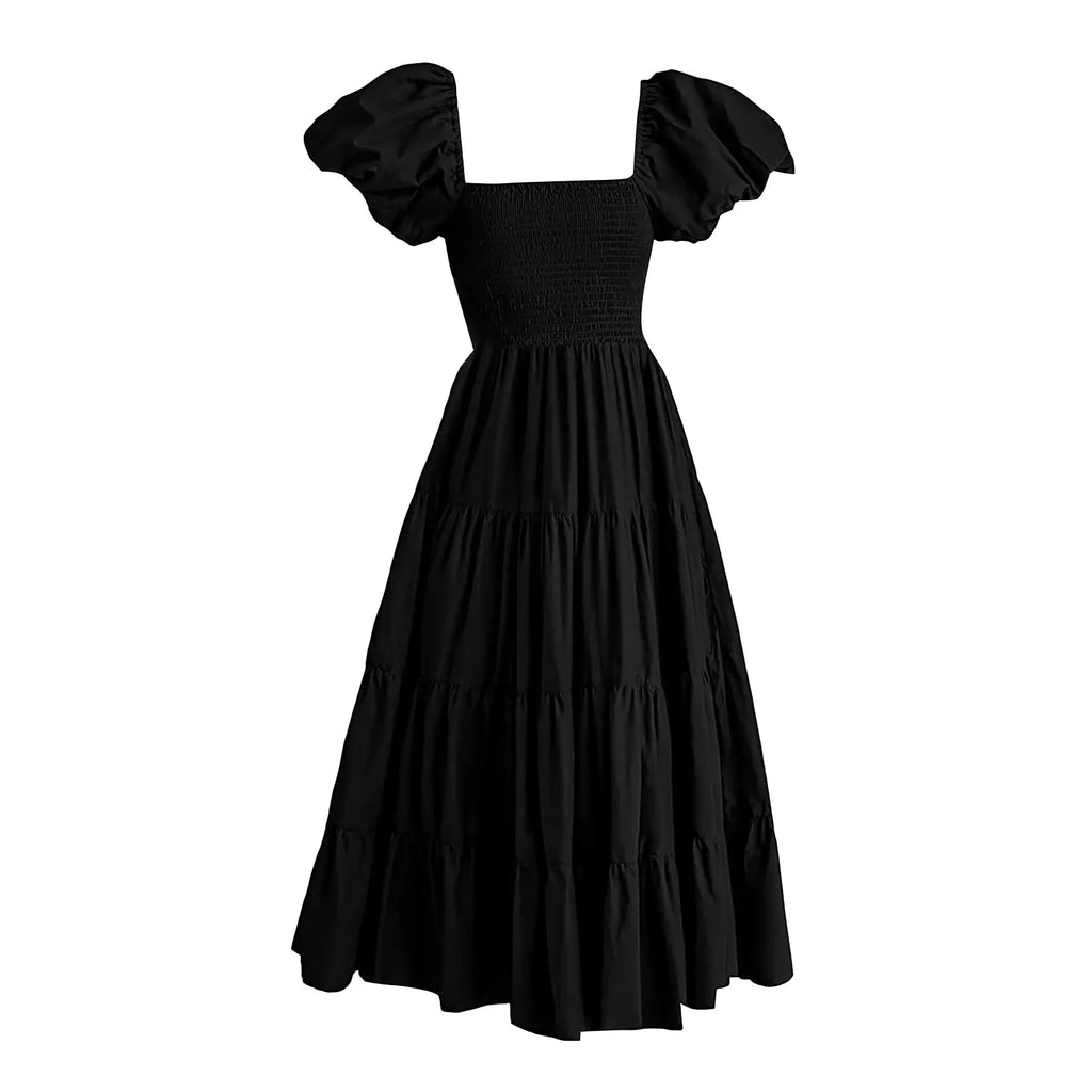 Square Neck Midi Dress with Puff Sleeves and Open Back Design