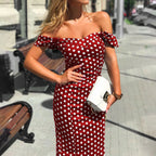 Navy Blue Polka Dot Off-the-Shoulder Fitted Midi Dress