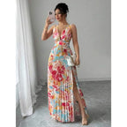 Vibrant Floral Pleated Maxi Dress with Deep V-Neck and Thigh-High Slit