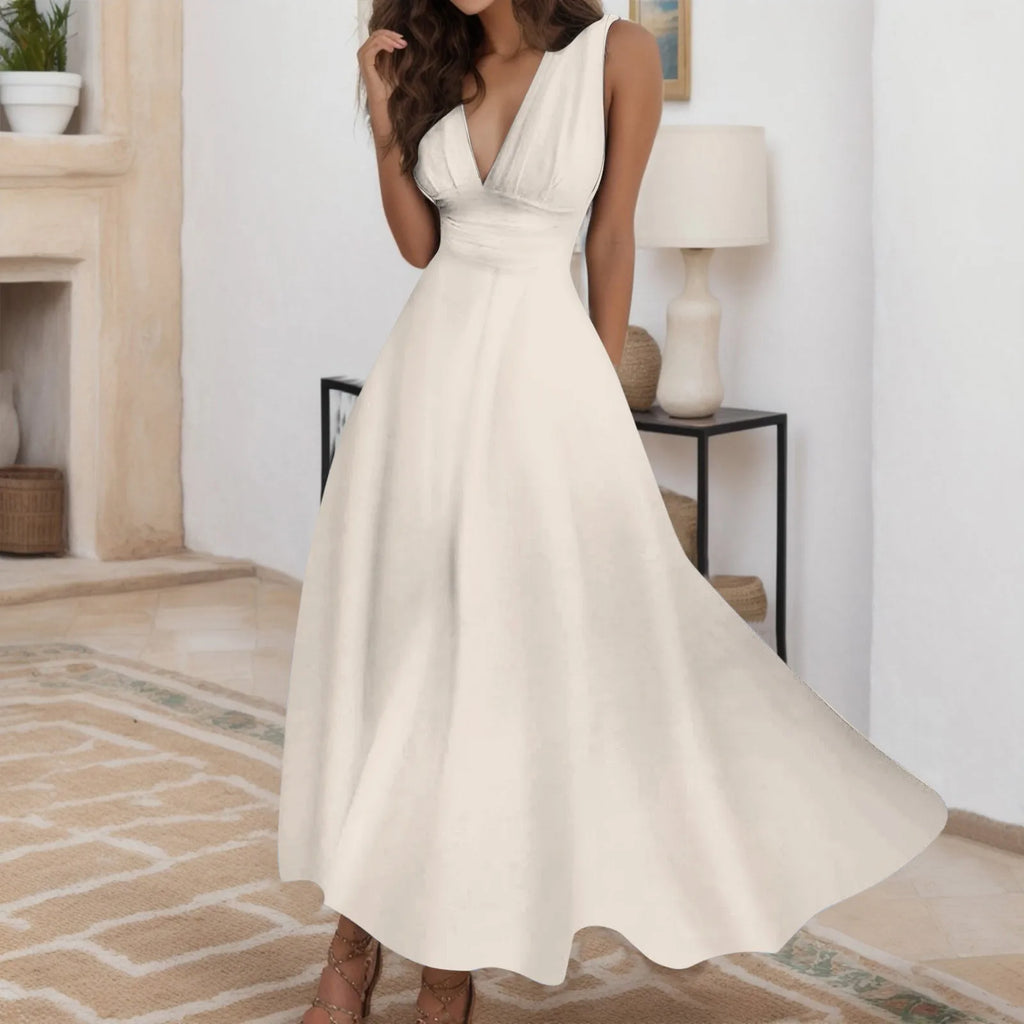 Deep V Neck Sleeveless Maxi Dress with Flowy A-Line Silhouette