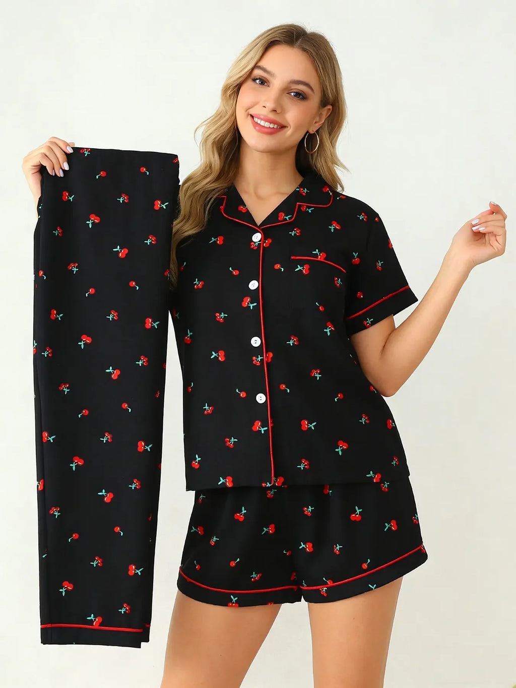 Three-Piece Cream Bow Print Pajama Lounge Set with Short-Sleeve Button-Down Top, Matching Shorts and Long Pants