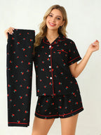 Three-Piece Cream Bow Print Pajama Lounge Set with Short-Sleeve Button-Down Top, Matching Shorts and Long Pants