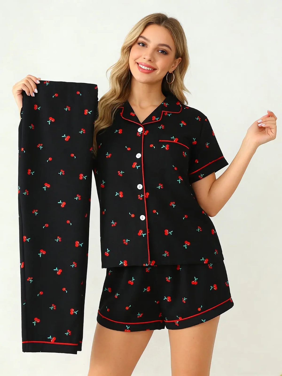 Three-Piece Cream Bow Print Pajama Lounge Set with Short-Sleeve Button-Down Top, Matching Shorts and Long Pants
