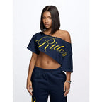 Women's Asymmetric Off Shoulder Graphic Crop T-Shirt for Modern Streetwear and Casual Everyday Style