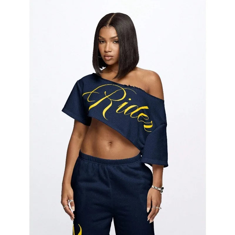Women's Asymmetric Off Shoulder Graphic Crop T-Shirt for Modern Streetwear and Casual Everyday Style