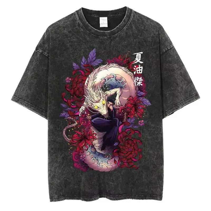 Vintage Washed Oversized Graphic Tee with Mystical Serpentine Art Illustration