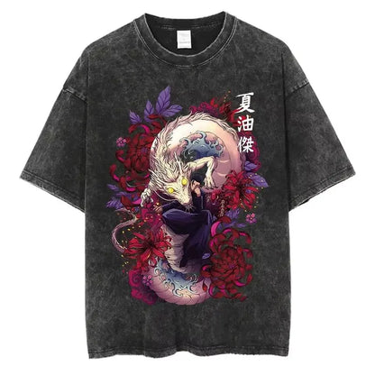 Vintage Washed Oversized Graphic Tee with Mystical Serpentine Art Illustration