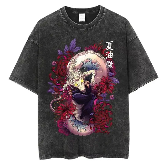 Vintage Washed Oversized Graphic Tee with Mystical Serpentine Art Illustration