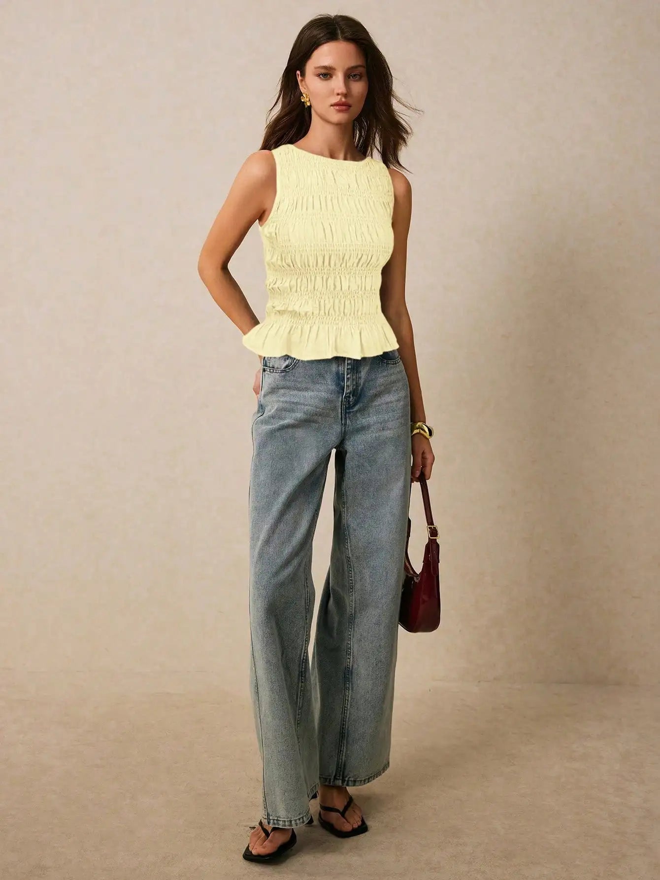 Smocked Sleeveless Tank Top with Ruffle Hem Casual Summer Everyday Style