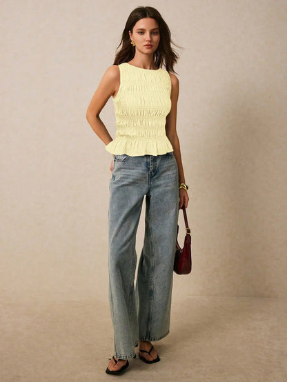 Smocked Sleeveless Tank Top with Ruffle Hem Casual Summer Everyday Style