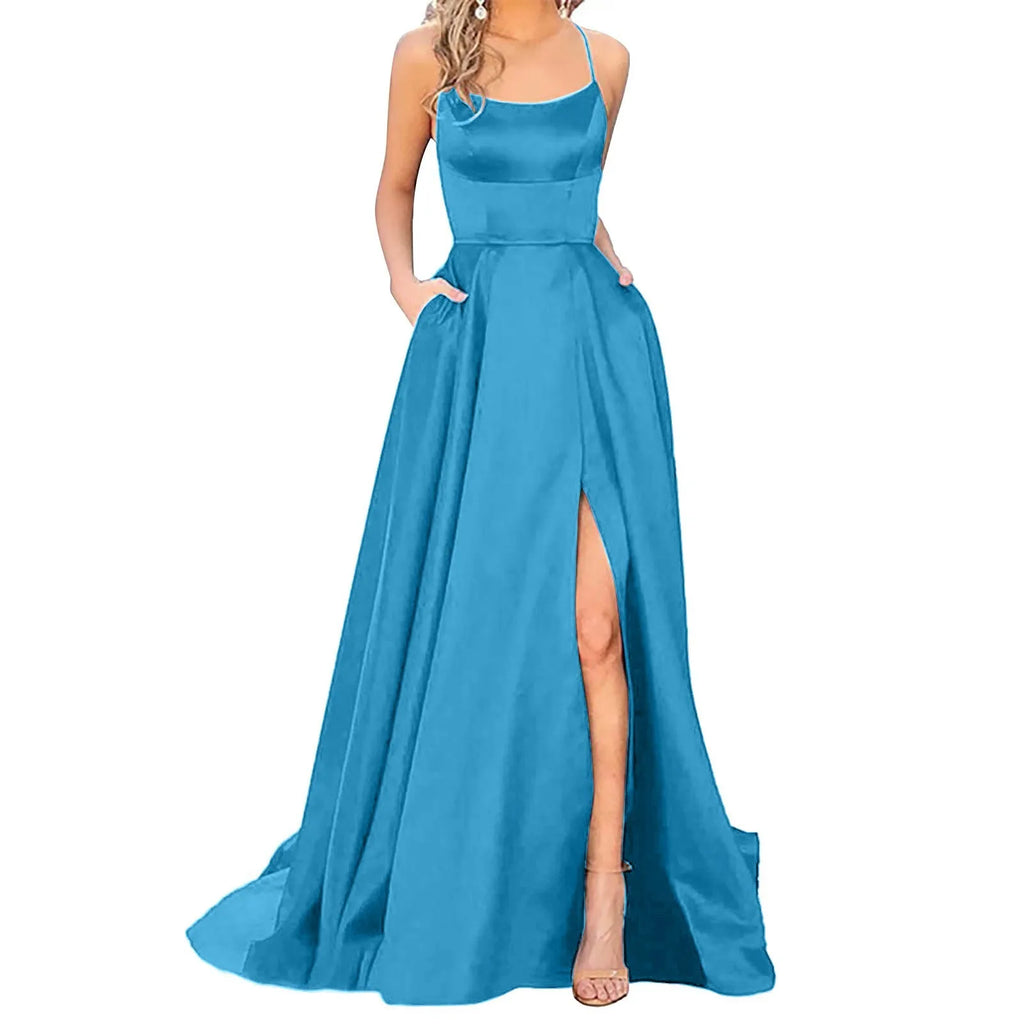 Spaghetti Strap Maxi Dress with Open Back Design and Side Slit Detail