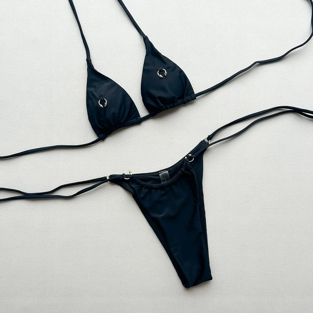 Sleek Black Triangle String Bikini Set with Gold-Tone Ring Hardware