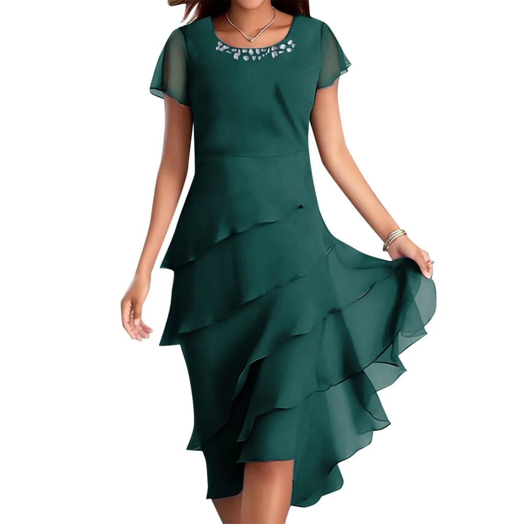 Layered Chiffon Midi Dress with Puff Sleeves and Cascading Ruffle Hem