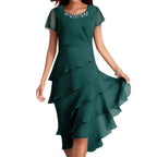 Layered Chiffon Midi Dress with Puff Sleeves and Cascading Ruffle Hem