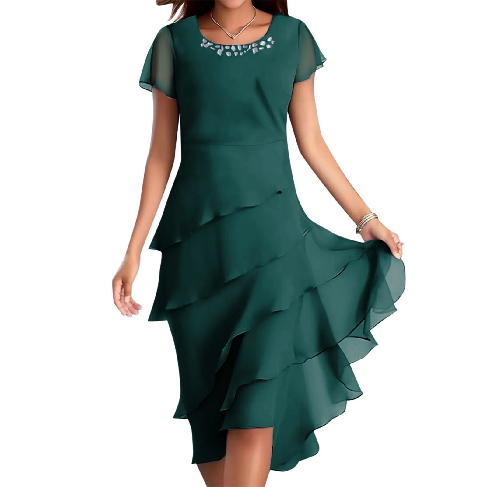 Layered Chiffon Midi Dress with Puff Sleeves and Cascading Ruffle Hem