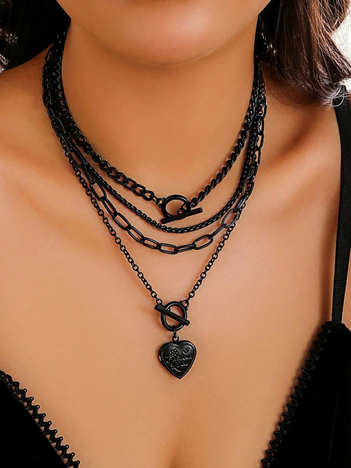 Dark Feminine Layered Chain Necklace Set with Heart Charm Accent