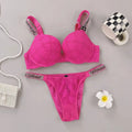 Textured Lace Push-Up Bra and Rhinestone Strap Thong Set